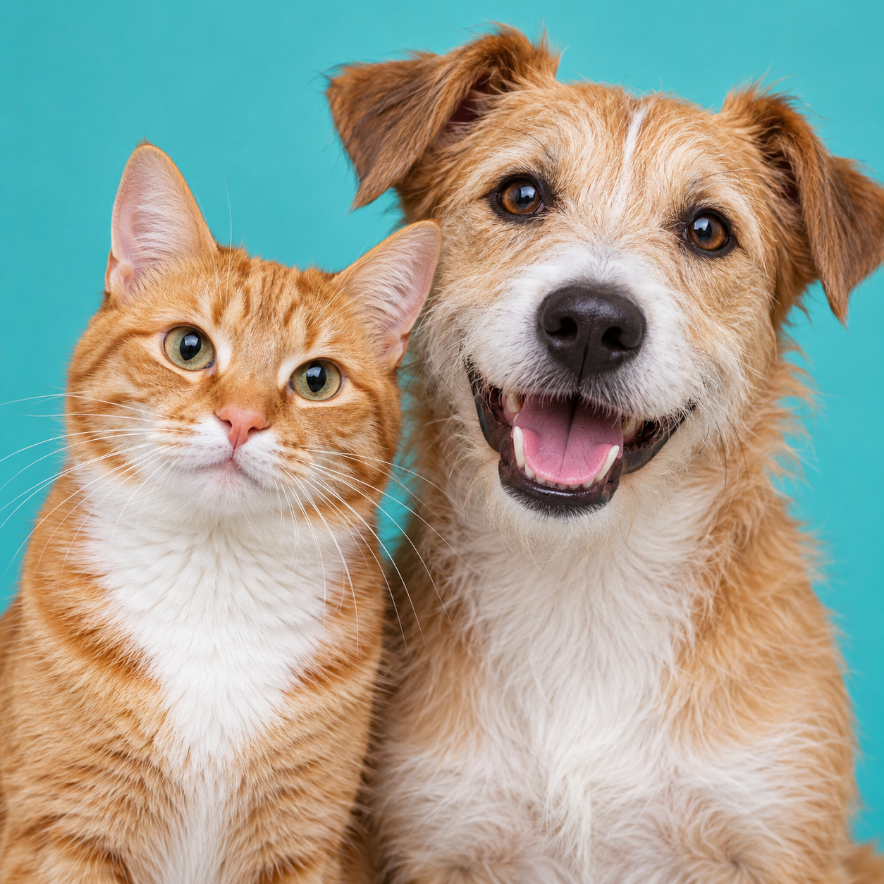 Concept photo of a bright-eyed tabby cat beside a friendly scruffy dog